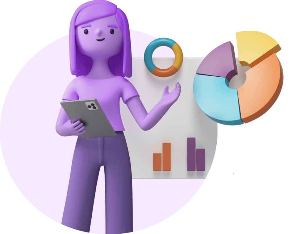 Illustration of a Woman Surrounded by Statistics and Charts for FAQ