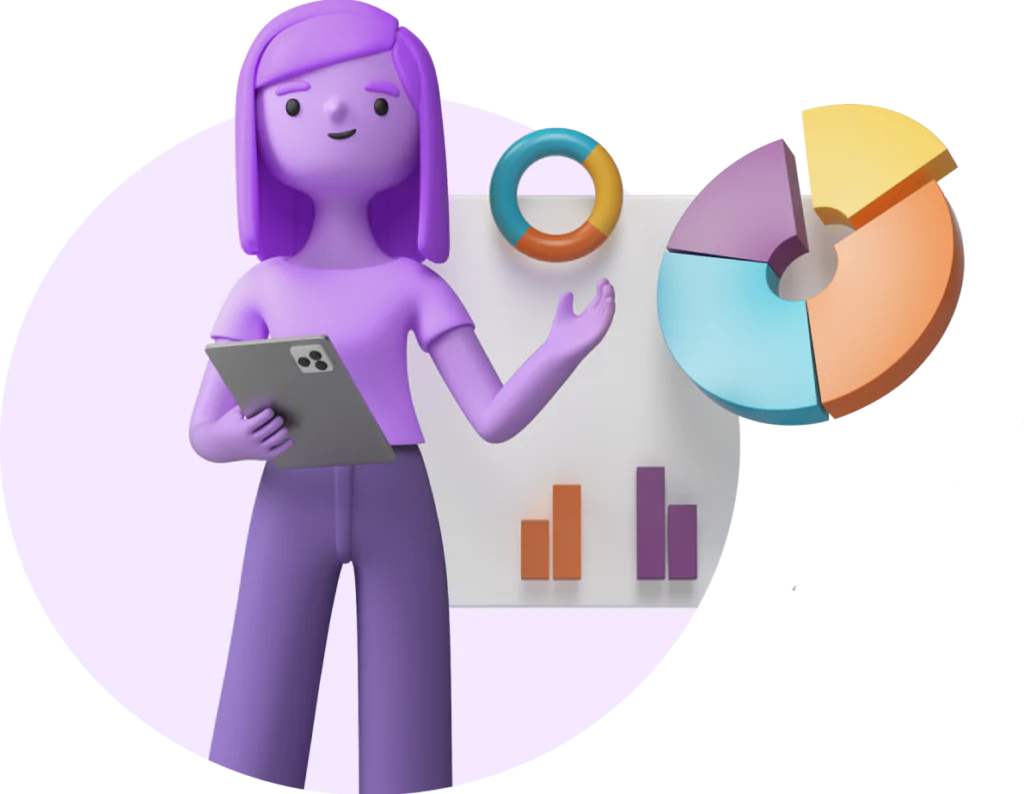 Illustration of a Woman Surrounded by Statistics and Charts for FAQ
